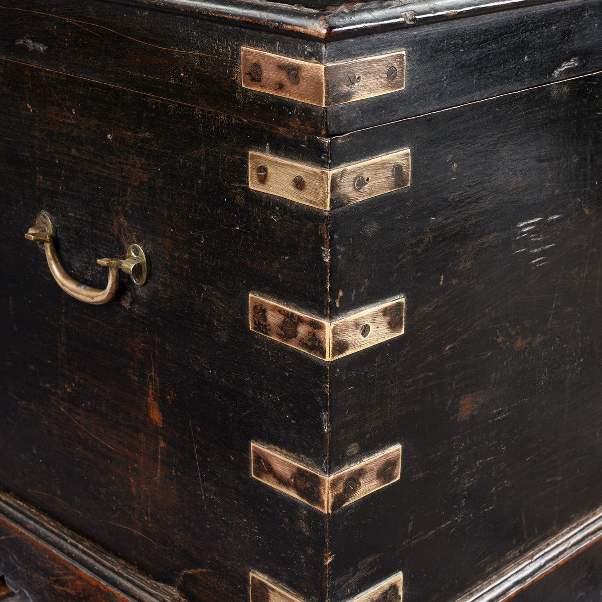 Binding Detail From Antique Brass Bound Black Teak Military Chest | Indigo Antiques