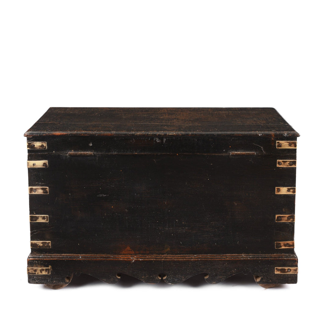 Back Of Antique Brass Bound Black Teak Military Chest | Indigo Antiques