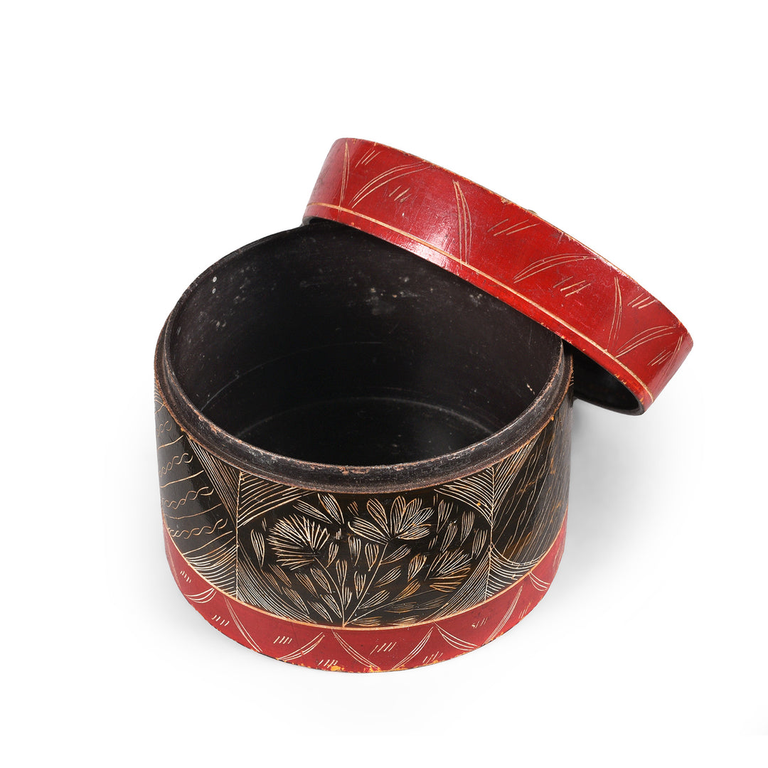 Lid Off View Of Antique Scratchwork Lacquer Pot From Kutch  | Indigo Antiques