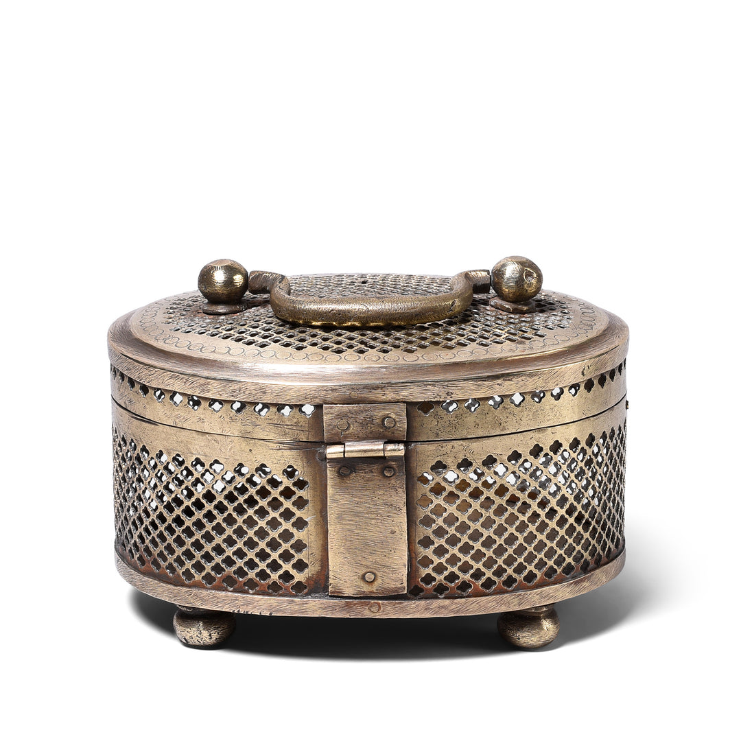 Back Of Antique Brass Jali Work Paan Box From Rajasthan | Indigo Antiques