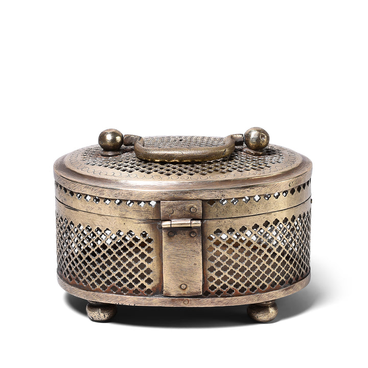 Back Of Antique Brass Jali Work Paan Box From Rajasthan | Indigo Antiques