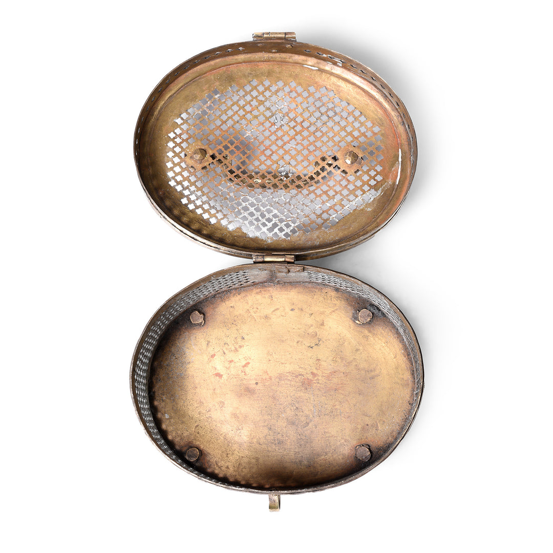 Interior Of Antique Brass Jali Work Paan Box From Rajasthan | Indigo Antiques