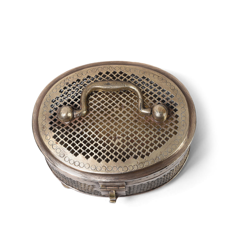 Top Down View Of Antique Brass Jali Work Paan Box From Rajasthan | Indigo Antiques
