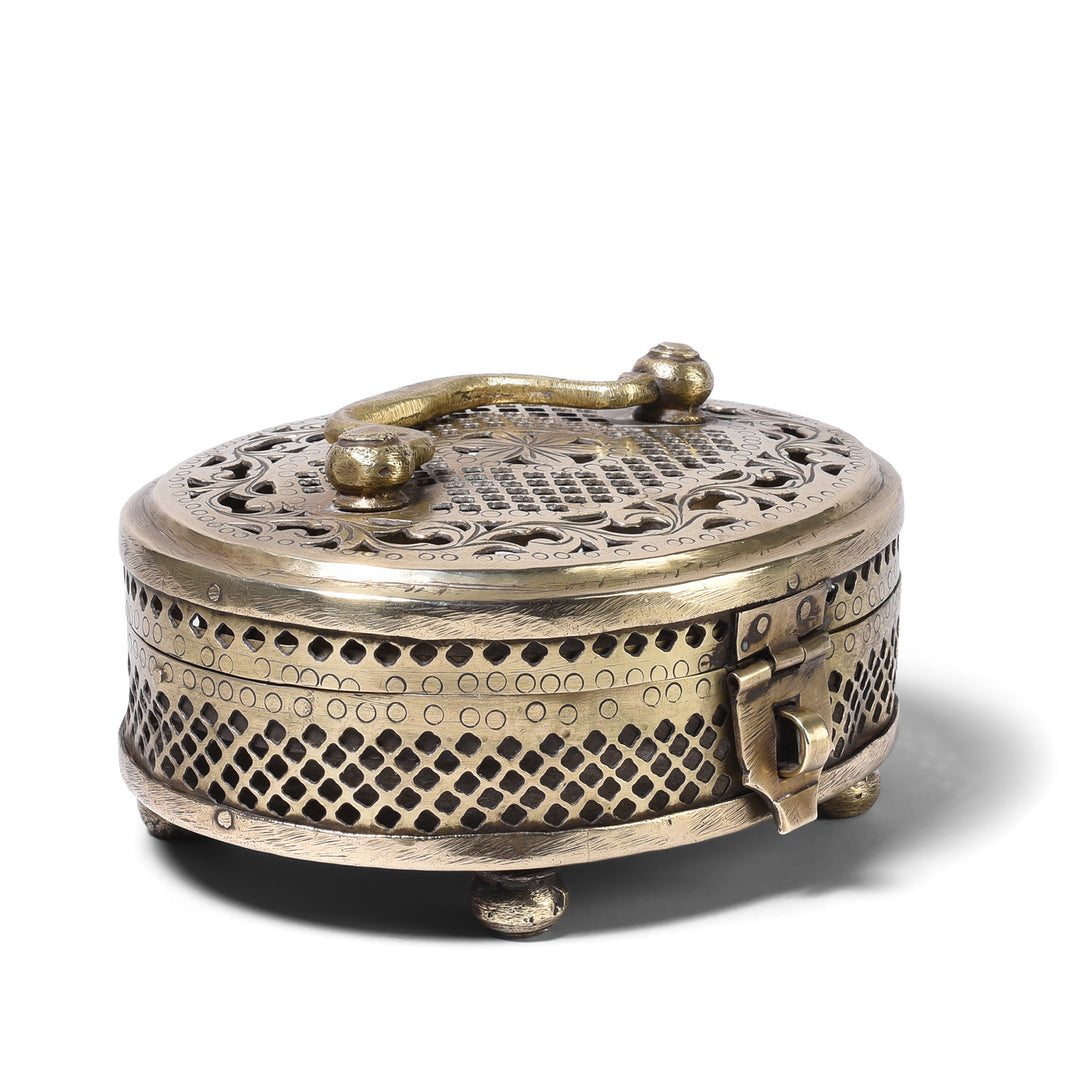 Angled View Of Antique Brass Jali Work Paan Box From Rajasthan | Indigo Antiques