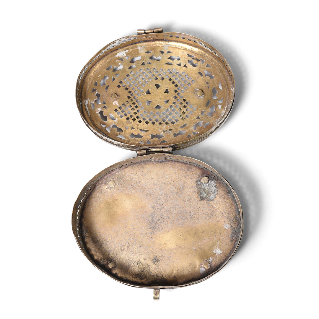 Interior Of Antique Brass Jali Work Paan Box From Rajasthan | Indigo Antiques