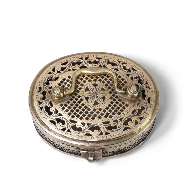 Top Down View Of Antique Brass Jali Work Paan Box From Rajasthan | Indigo Antiques