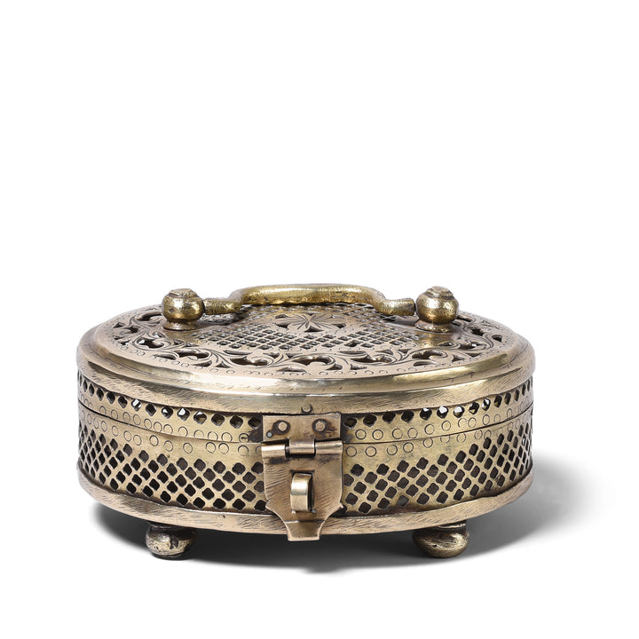 Antique Brass Jali Work Paan Box From Rajasthan | Indigo Antiques