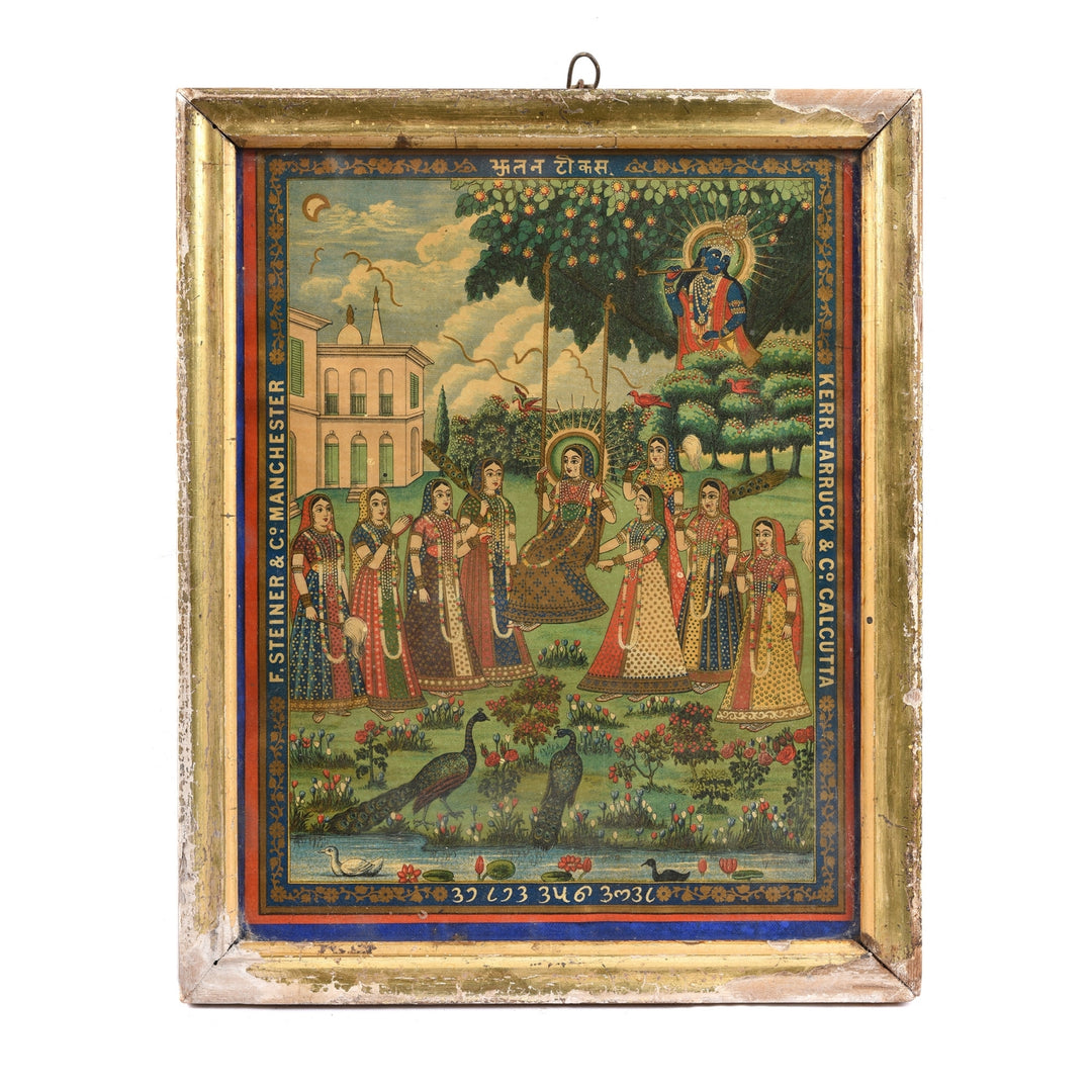 Gilt framed chromolithograph cotton print with Radha and krishna - F Steiner & Co Manchester