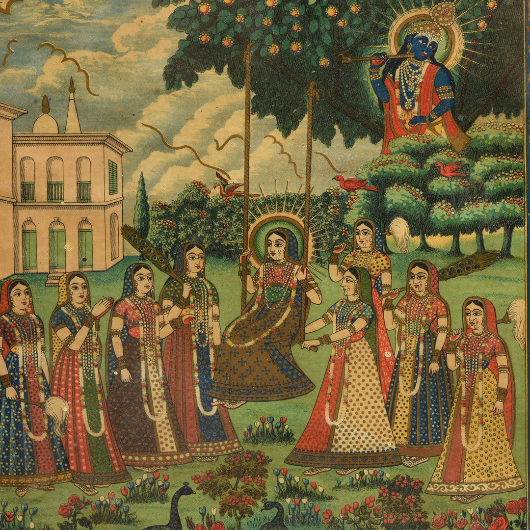 Gilt framed chromolithograph cotton print with Radha and krishna - F Steiner & Co Manchester