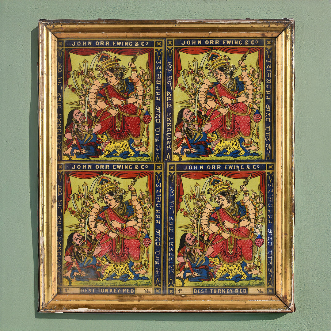 Framed 'John Orr Ewing & Co' Cotton Bale Advertising Chromolithograph Label - Featuring Durga | Indigo Antiques