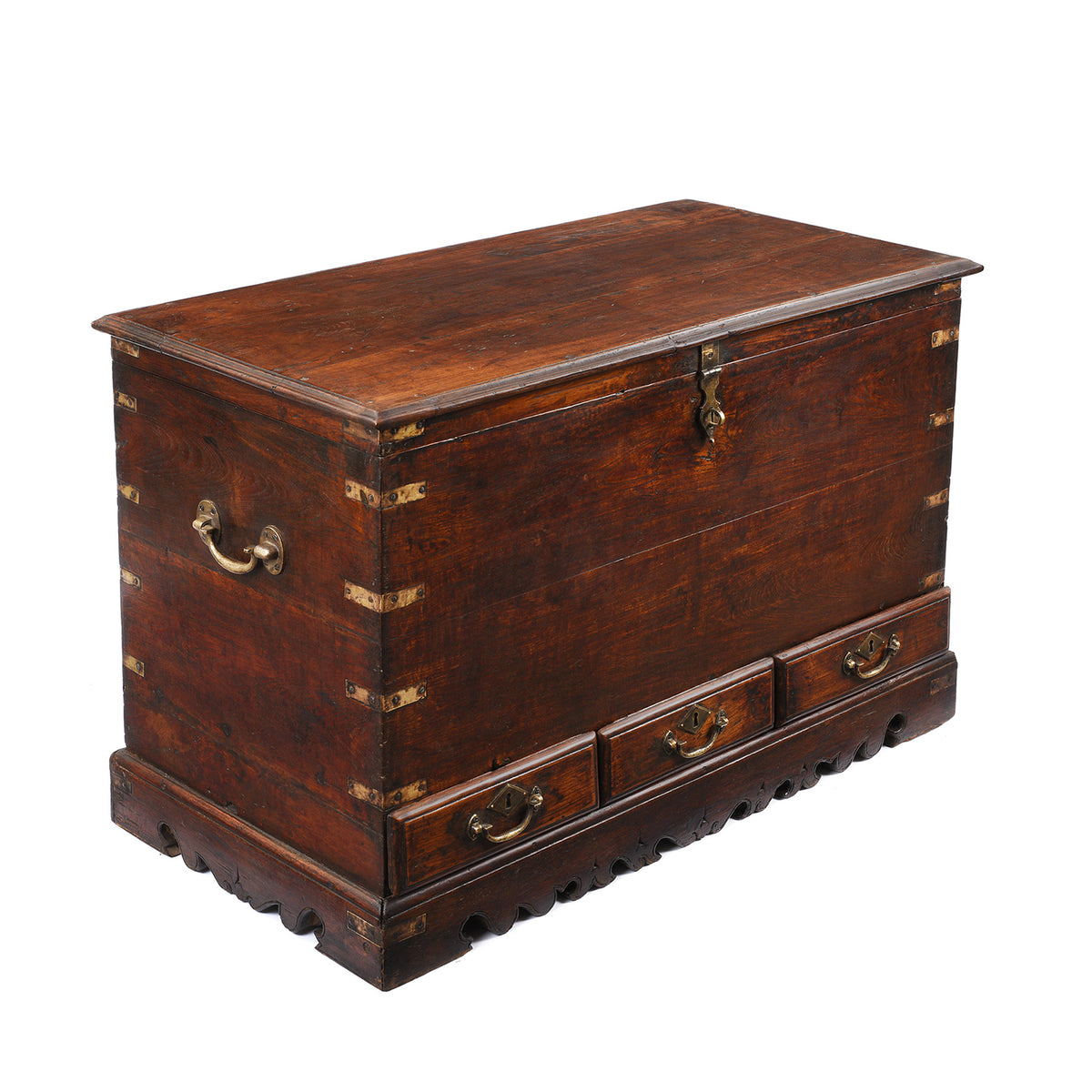 Angled View Of Antique Indian Brass Bound Teak Chest | Indigo Antiques