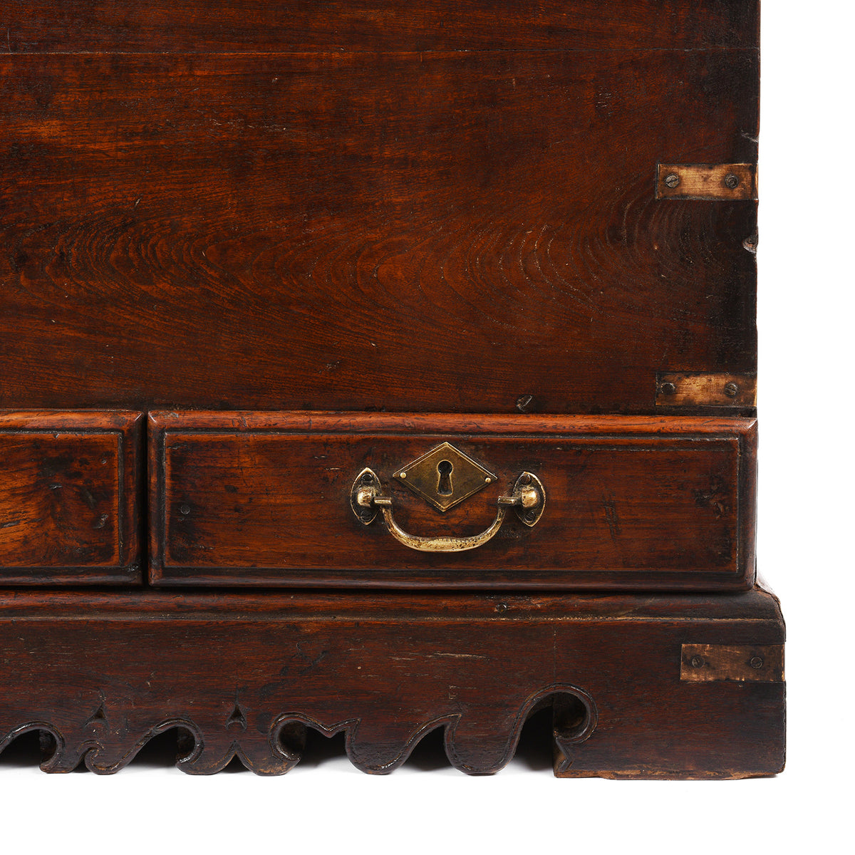 Bottom Drawer And Carved Base Detail From Antique Indian Brass Bound Teak Chest | Indigo Antiques