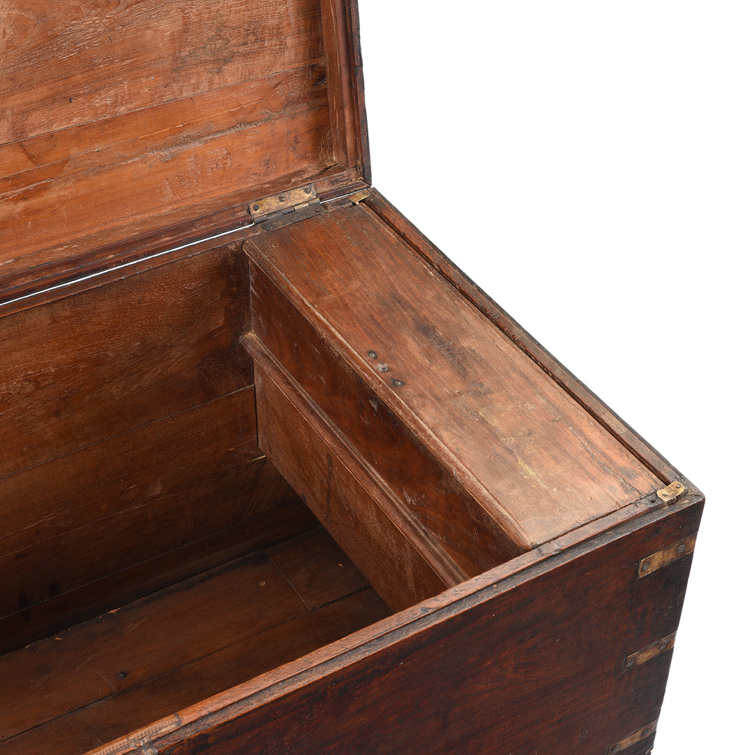 Closed Compartment Lid Detail From Antique Indian Brass Bound Teak Chest | Indigo Antiques 