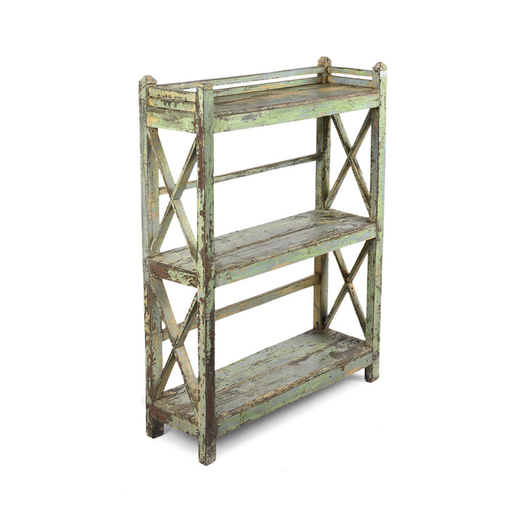 Angled View Of Vintage Green Painted Indian Teak Shelf - Ca 1930 | Indigo Antiques