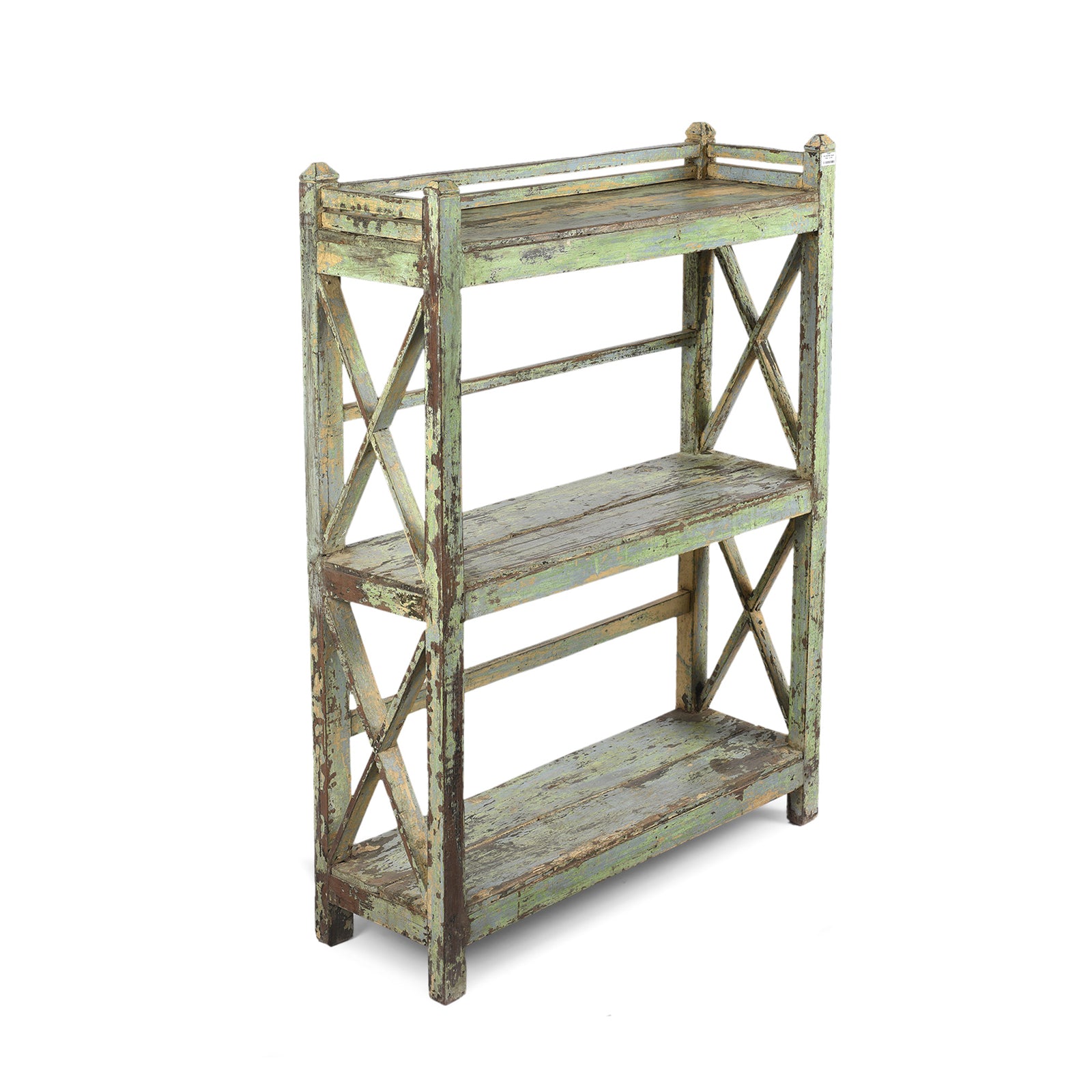 Angled View Of Vintage Green Painted Indian Teak Shelf - Ca 1930 | Indigo Antiques