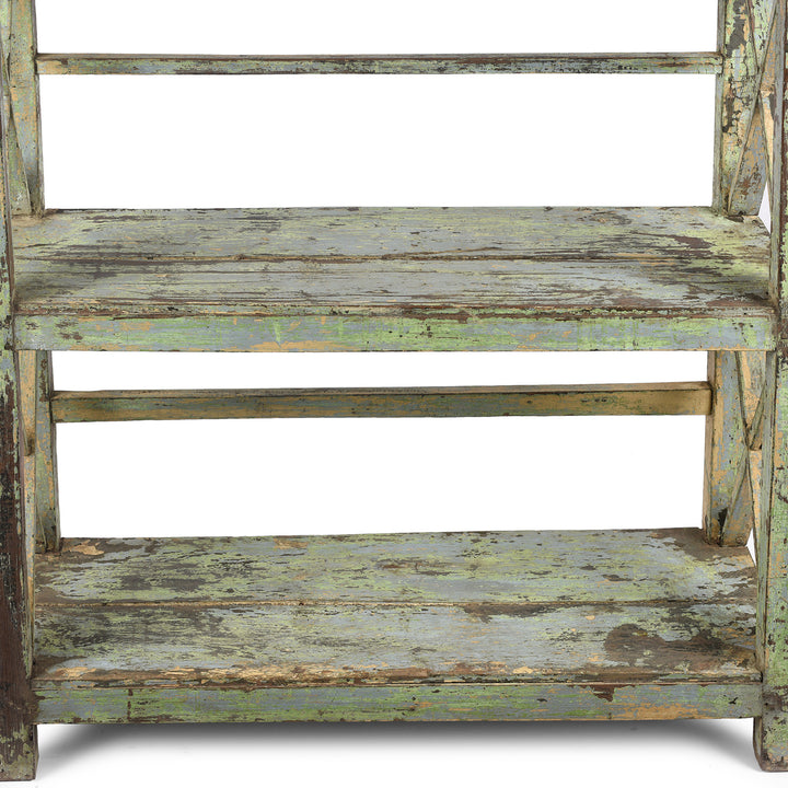 Shelf Detail From Angled View Of Vintage Green Painted Indian Teak Shelf - Ca 1930 | Indigo Antiques