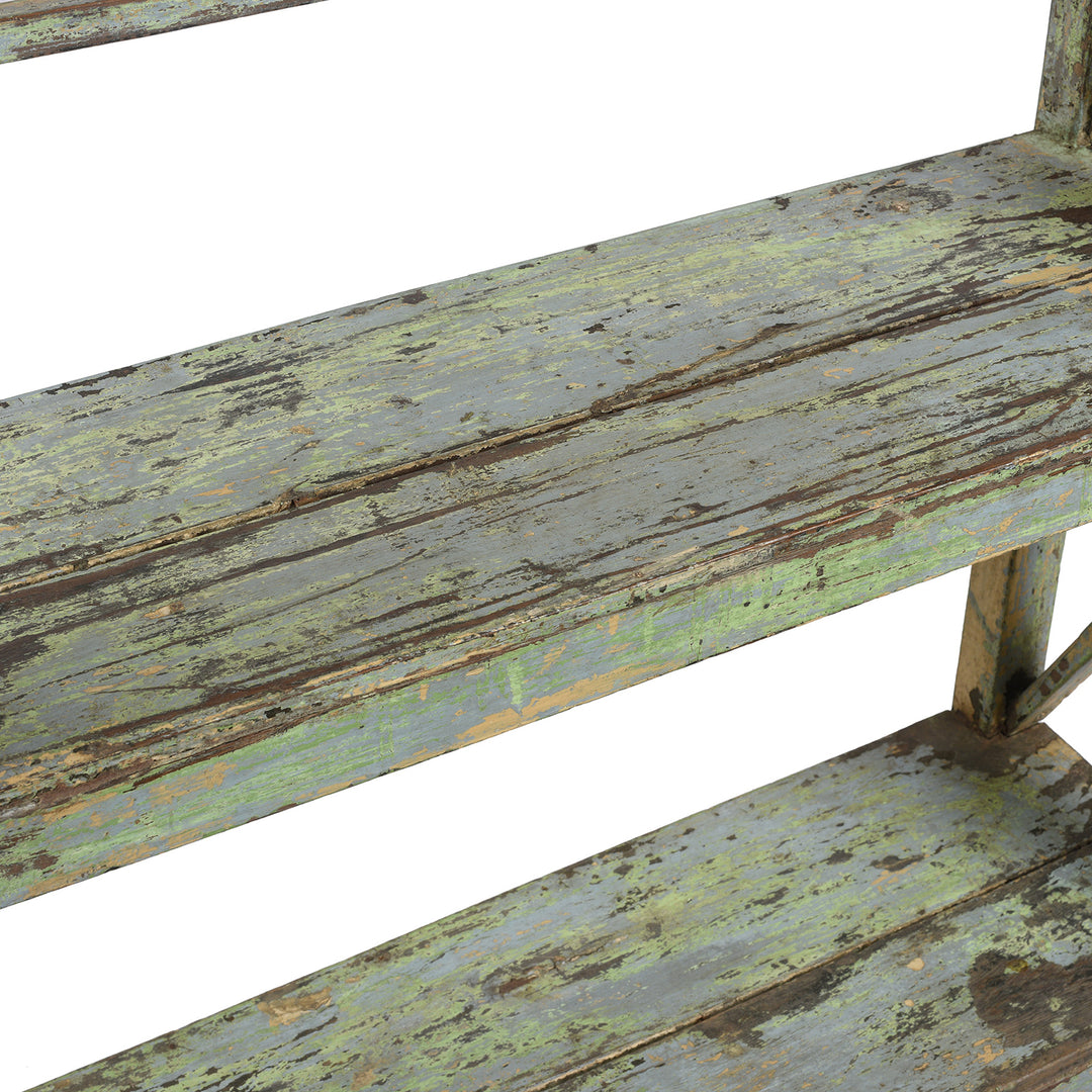 Shelf Detail From Angled View Of Vintage Green Painted Indian Teak Shelf - Ca 1930 | Indigo Antiques