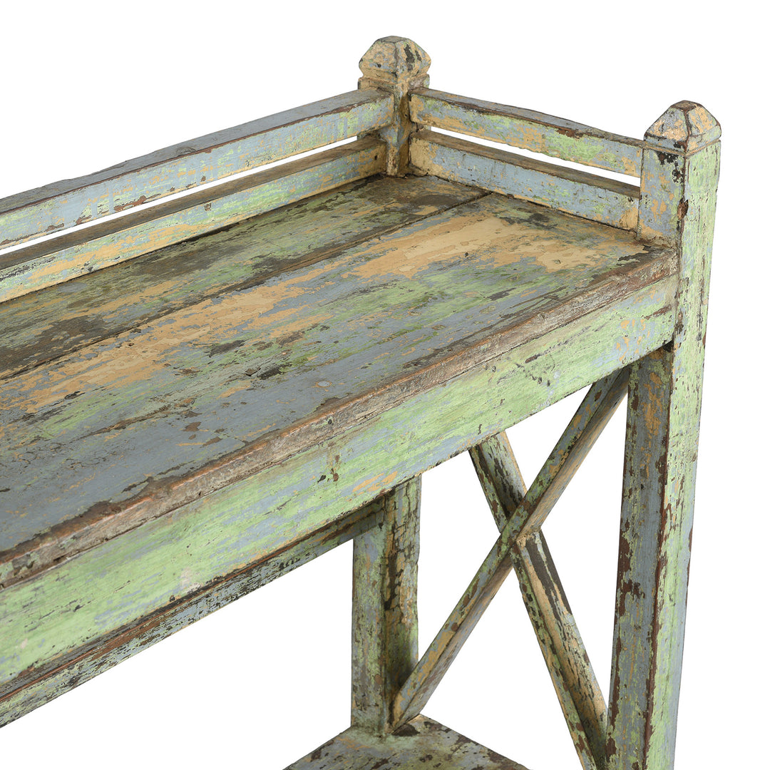 Corner Detail From Angled View Of Vintage Green Painted Indian Teak Shelf - Ca 1930 | Indigo Antiques