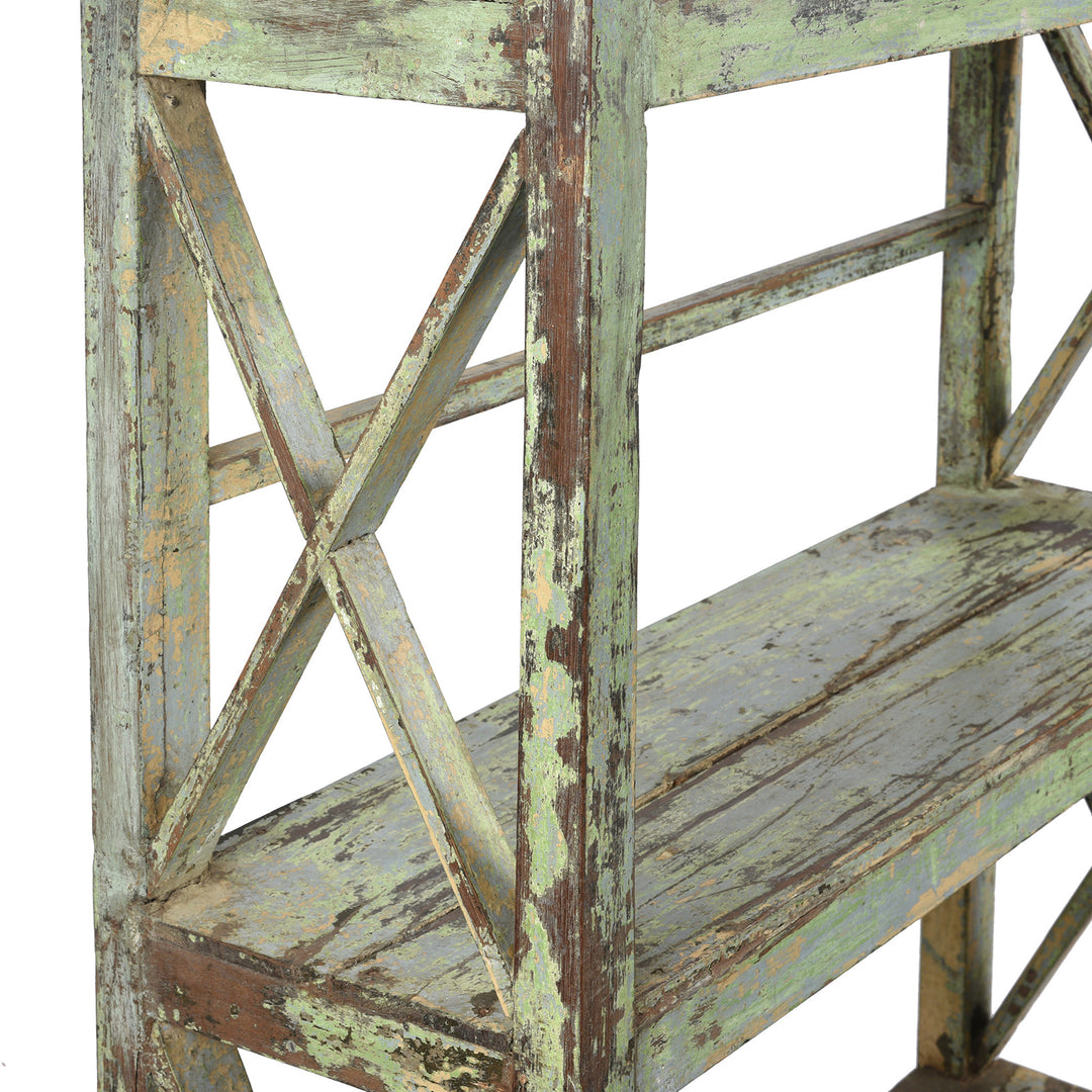 Frame Detail From Angled View Of Vintage Green Painted Indian Teak Shelf - Ca 1930 | Indigo Antiques