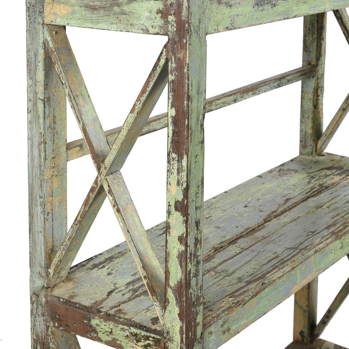 Frame Detail From Angled View Of Vintage Green Painted Indian Teak Shelf - Ca 1930 | Indigo Antiques