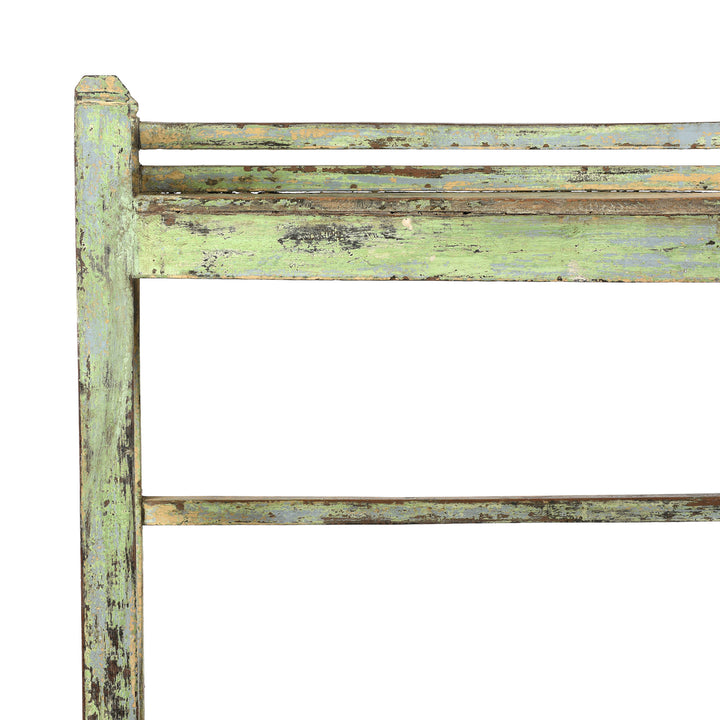 Corner Detail From Angled View Of Vintage Green Painted Indian Teak Shelf - Ca 1930 | Indigo Antiques
