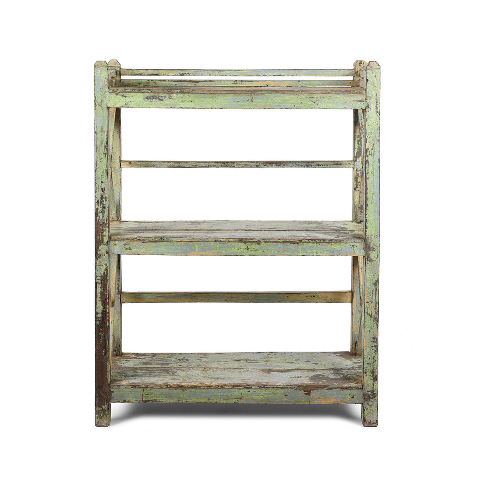 Angled View Of Vintage Green Painted Indian Teak Shelf - Ca 1930 | Indigo Antiques