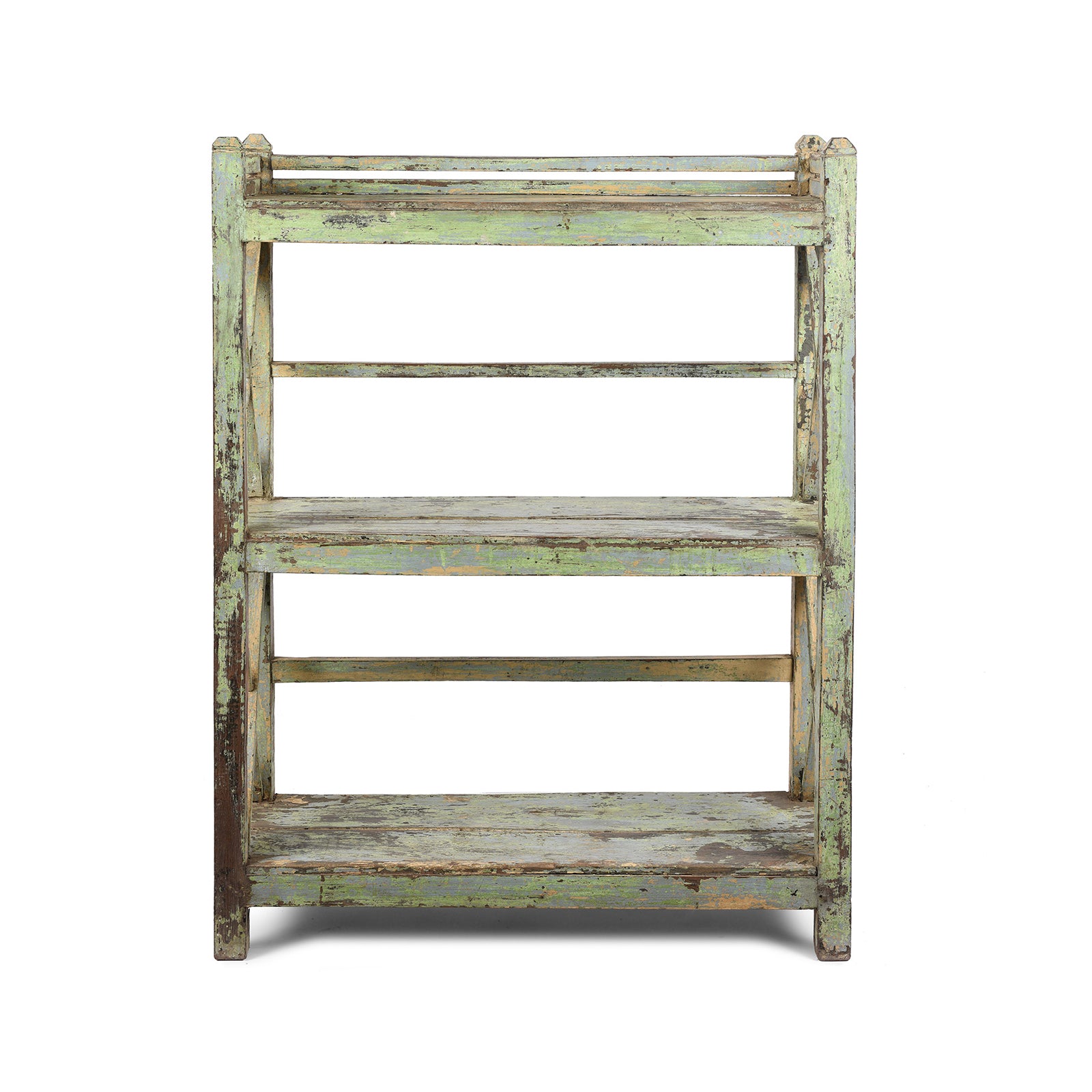 Angled View Of Vintage Green Painted Indian Teak Shelf - Ca 1930 | Indigo Antiques