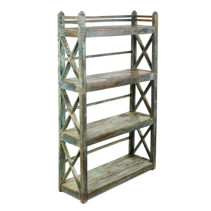 Angled View Of Green Slatted Teakwood Shelf From Rajasthan - Ca 1930 | Indigo Antiques