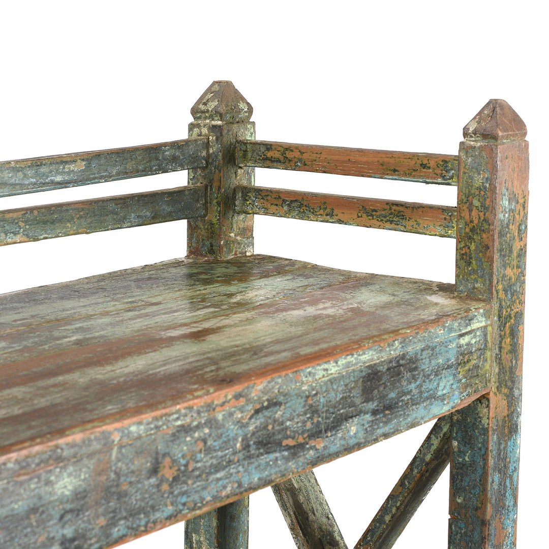Corner Detail From Green Slatted Teakwood Shelf From Rajasthan - Ca 1930 | Indigo Antiques