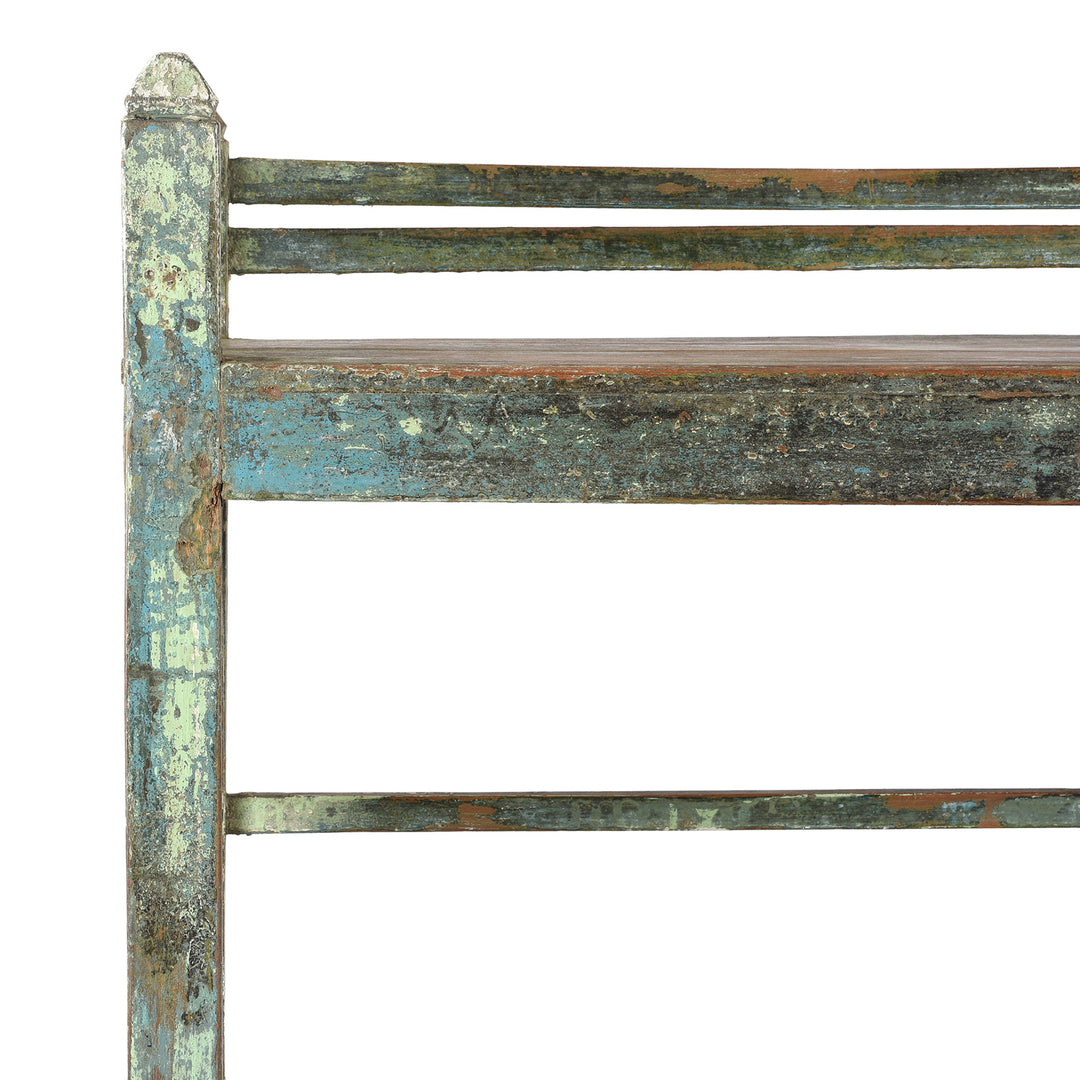 Corner Detail From Green Slatted Teakwood Shelf From Rajasthan - Ca 1930 | Indigo Antiques