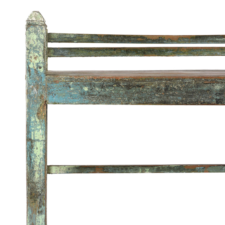 Corner Detail From Green Slatted Teakwood Shelf From Rajasthan - Ca 1930 | Indigo Antiques