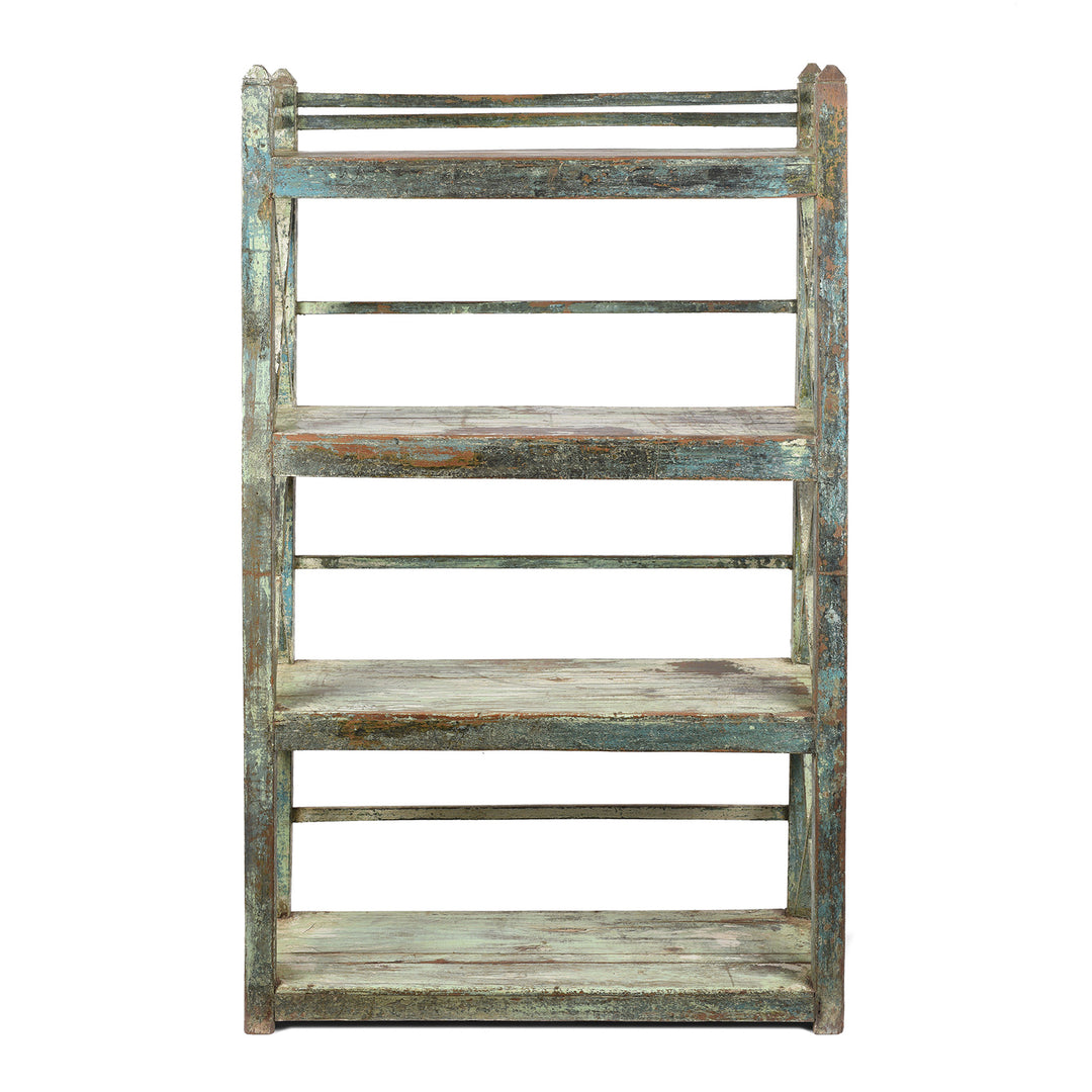 Green Slatted Teakwood Shelf From Rajasthan - Ca 1930 | Indigo Antiques