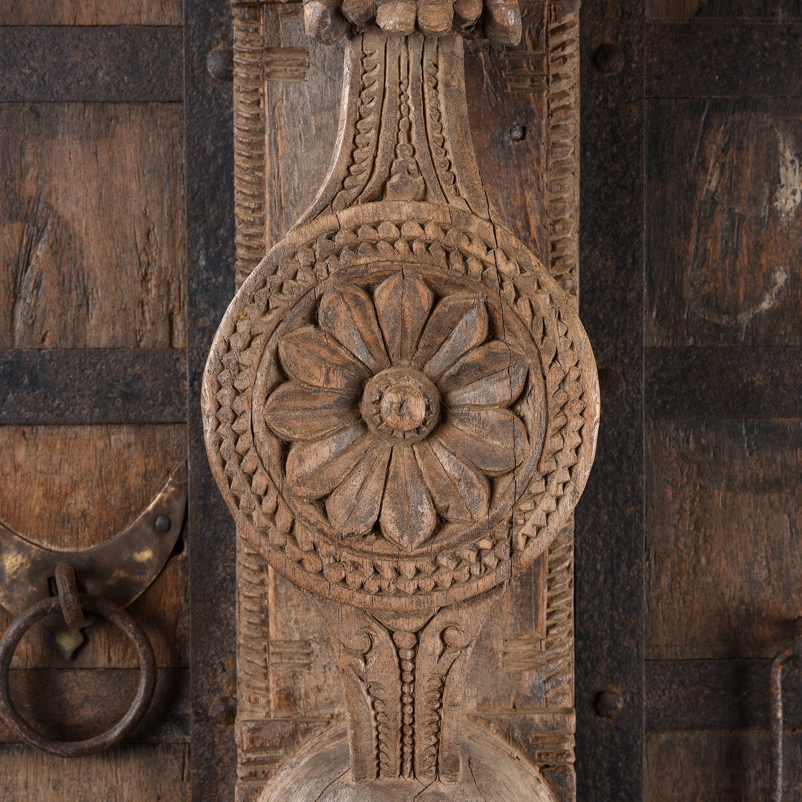 Lotus Detail From Antique Iron Bound Jackfruit Wood Carved Door From Kerala - 19th Century | Indigo Antiques
