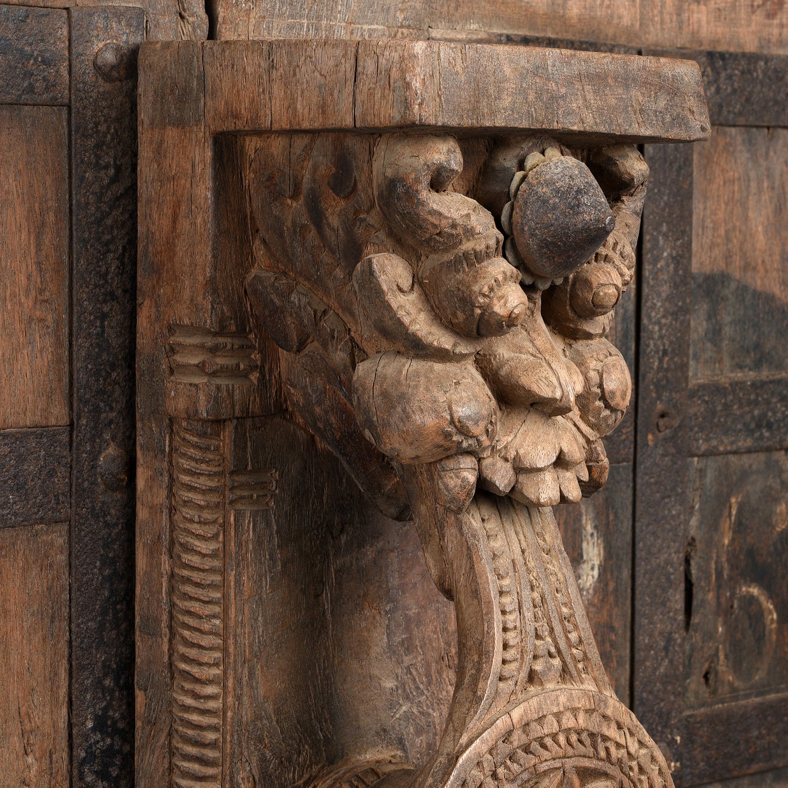 Yali Detail From Antique Iron Bound Jackfruit Wood Carved Door From Kerala - 19th Century | Indigo Antiques