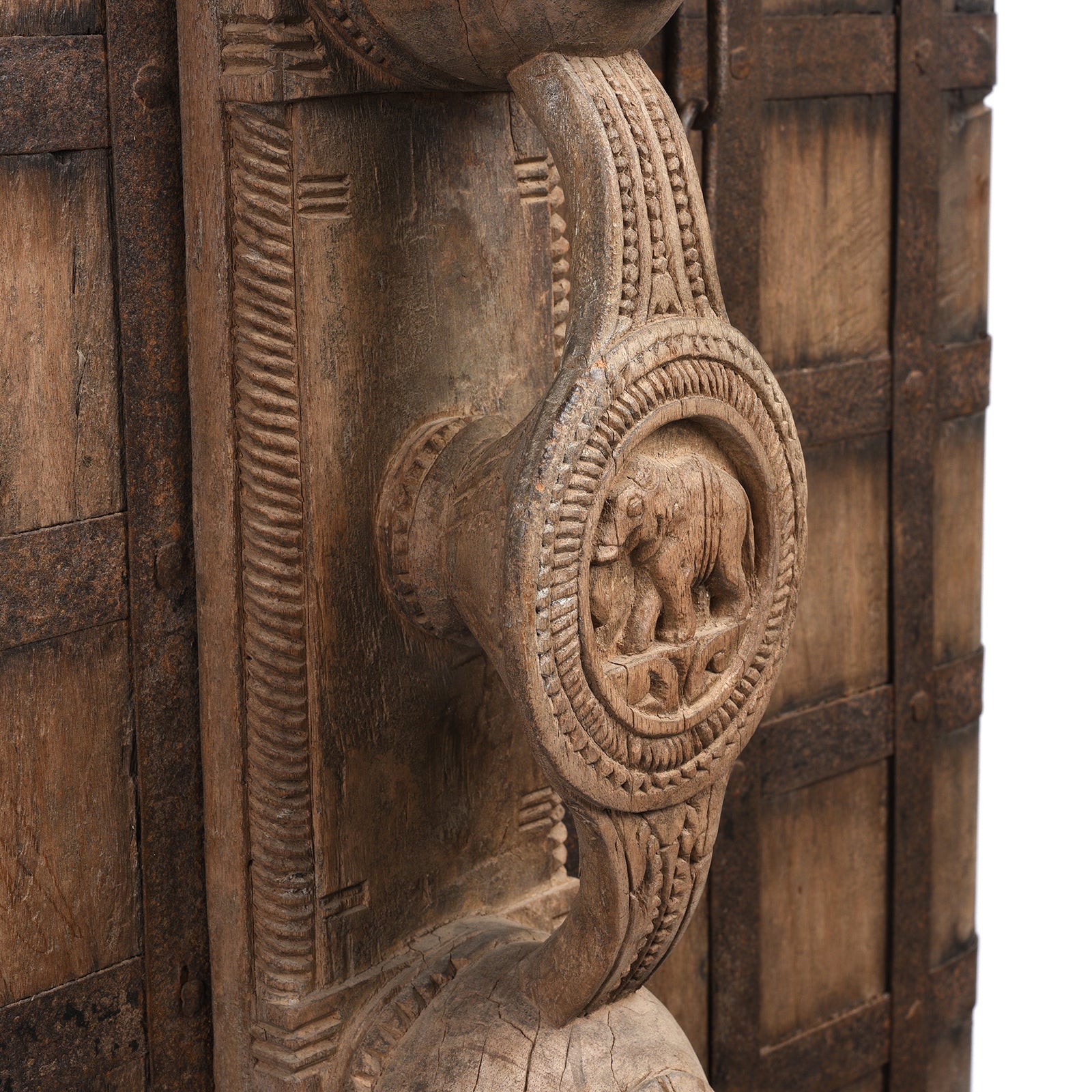Elephant Detail From Antique Iron Bound Jackfruit Wood Carved Door From Kerala - 19th Century | Indigo Antiques