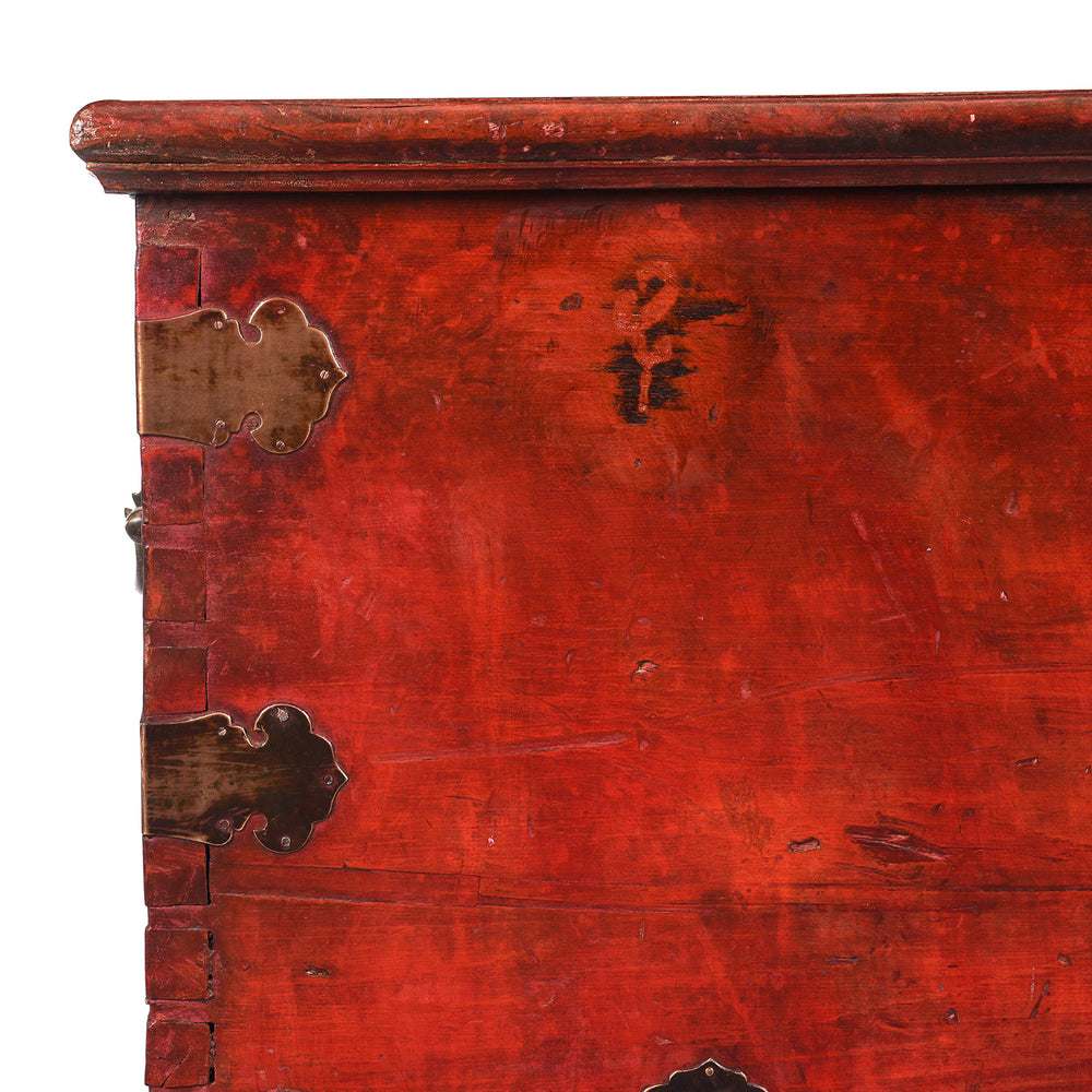 Corner Detail From Antique Red Lacquer Camphor Chinese Chest From India - 18th Century | Indigo Antiques