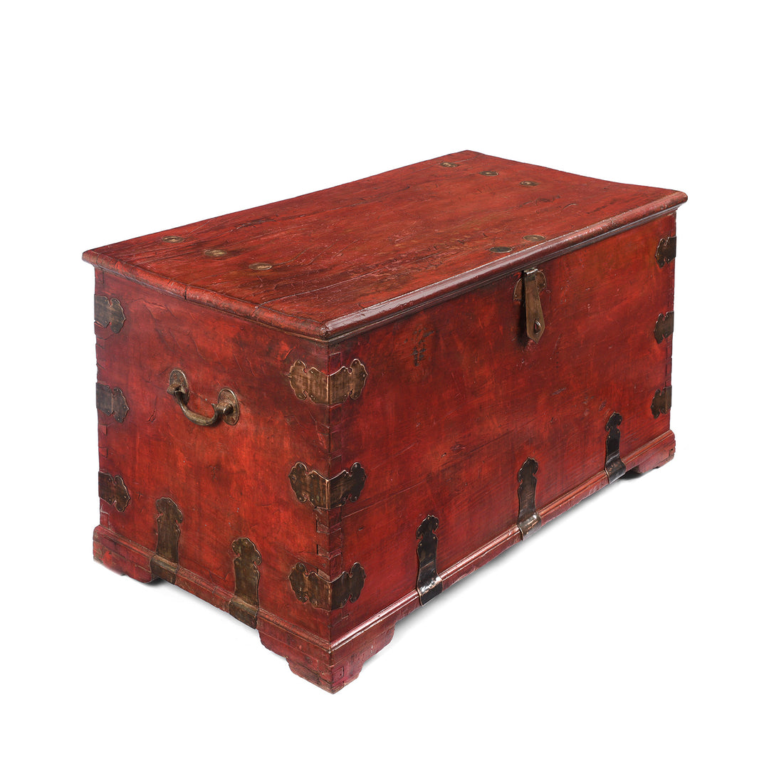 Angled View Of Antique Red Lacquer Camphor Chinese Chest From India - 18th Century | Indigo Antiques