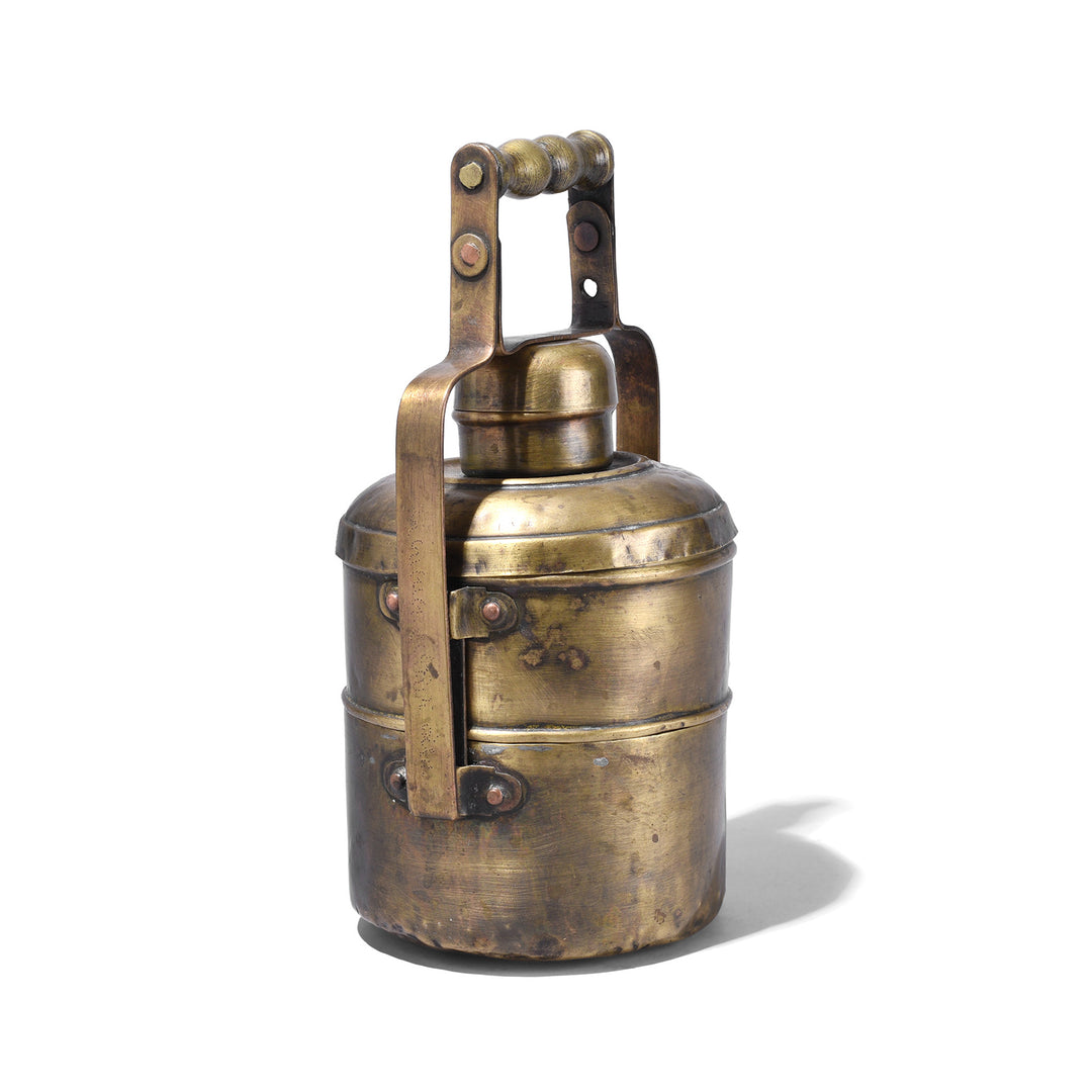 Antique Brass Two Tier Indian Tiffin With Domed Lid And Handle