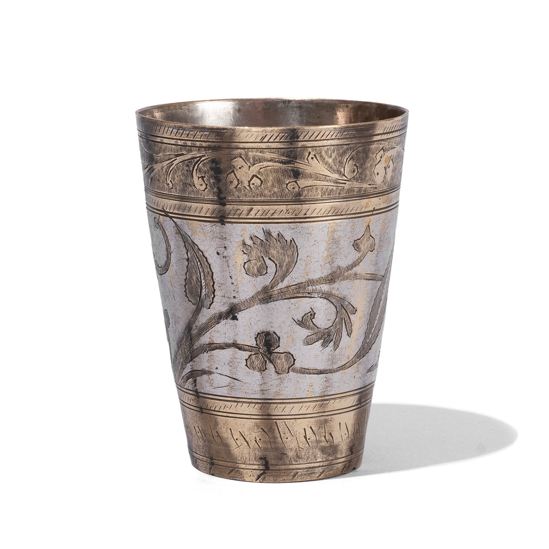 Vintage North Indian Nickel Plated Brass Lassi Cup With Hand Etched Floral Design