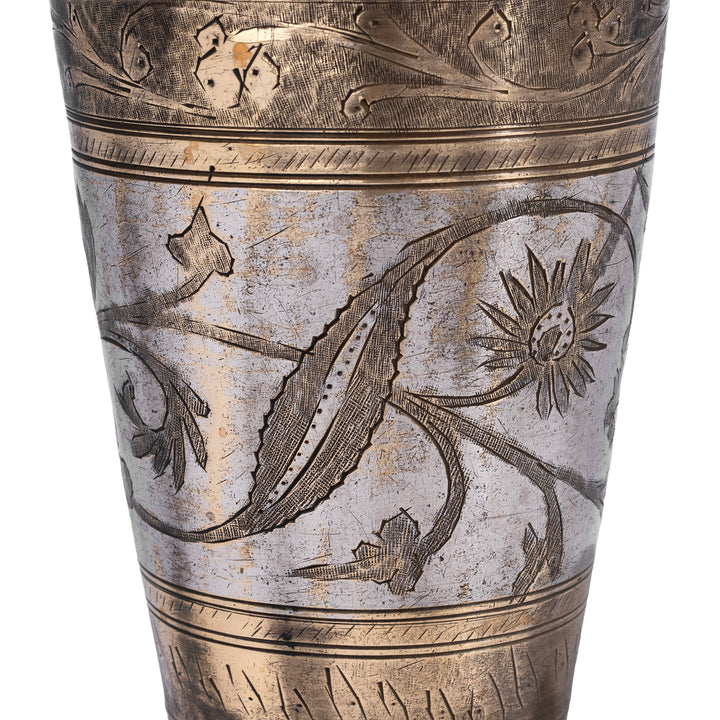 Etching etail From Vintage North Indian Nickel Plated Brass Lassi Cup With Hand Etched Floral Design