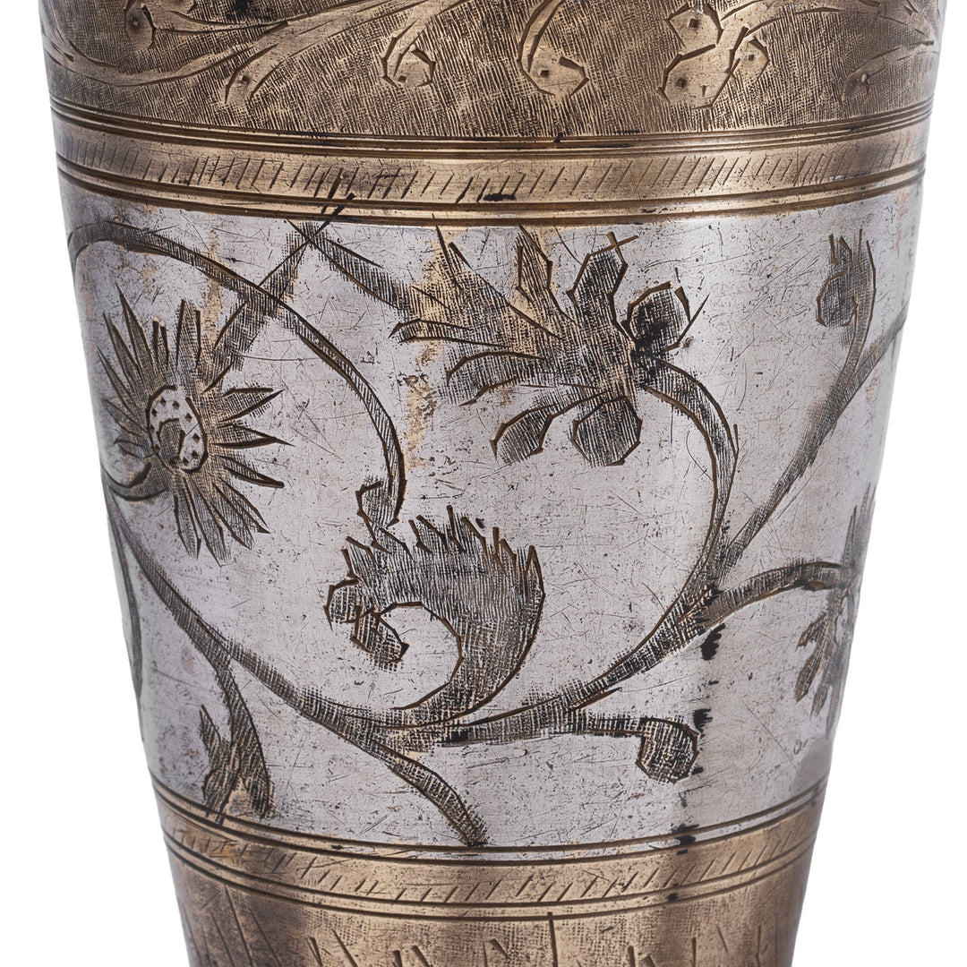 Etching Detail From Vintage North Indian Nickel Plated Brass Lassi Cup With Hand Etched Floral Design
