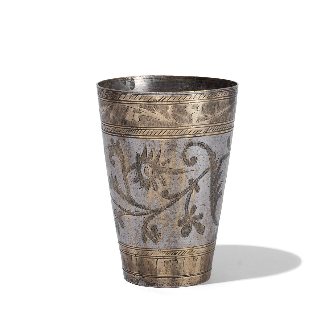 Option 2 Vintage North Indian Nickel Plated Brass Lassi Cup With Hand Etched Floral Design