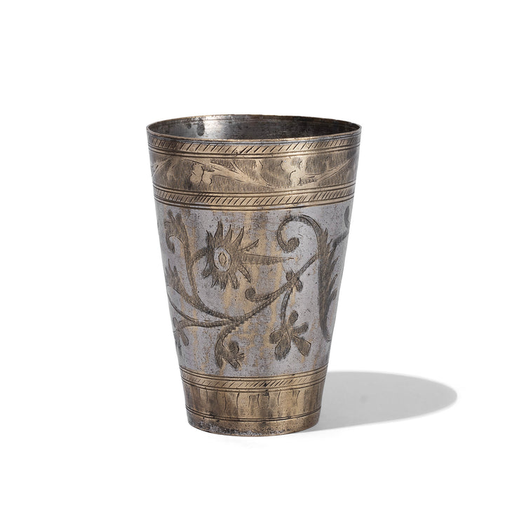 Option 2 Vintage North Indian Nickel Plated Brass Lassi Cup With Hand Etched Floral Design