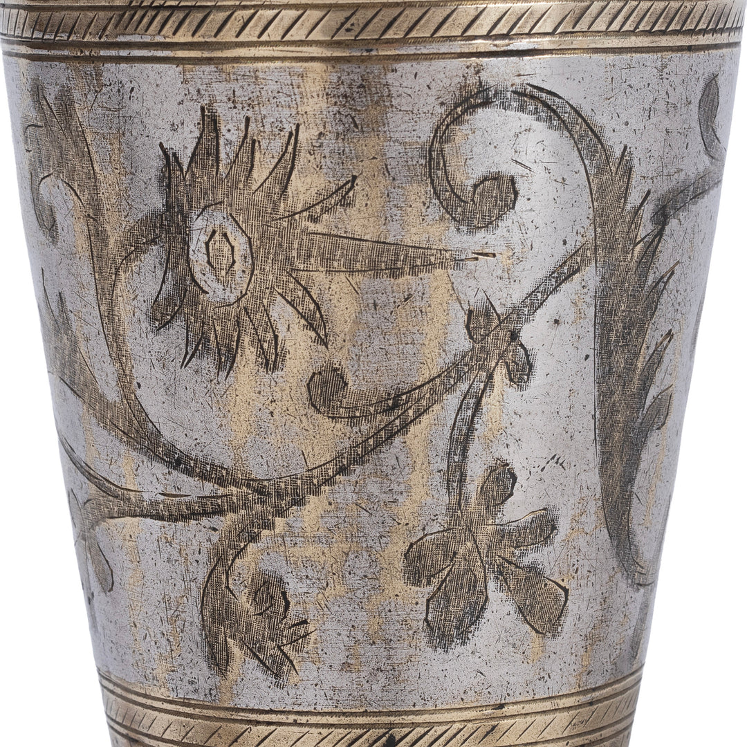 Etching Detail From Option 2 Vintage North Indian Nickel Plated Brass Lassi Cup With Hand Etched Floral Design