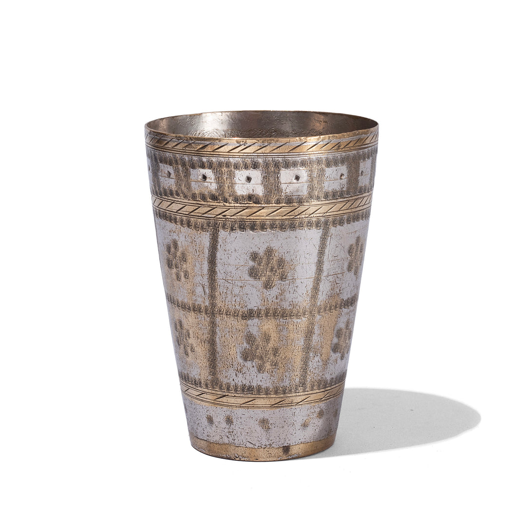 Vintage North Indian Nickel Plated Brass Lassi Cup With Hand Etched Floral Design