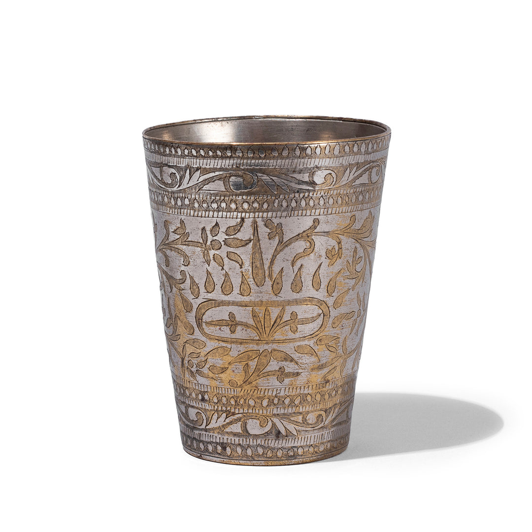 Option 1 Vintage North Indian Nickel Plated Brass Lassi Cup With Hand Etched Floral Design