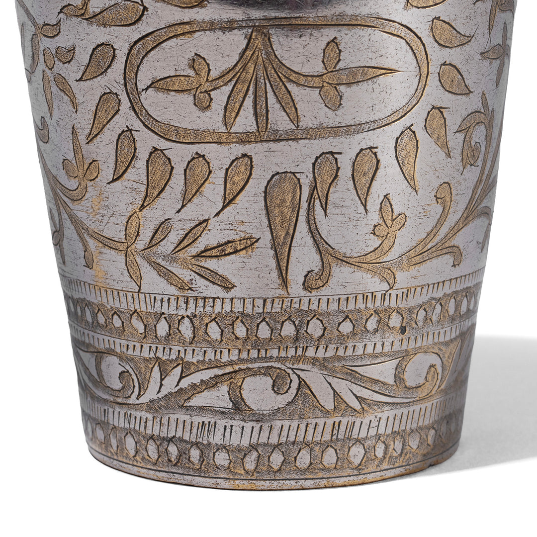 Etching Detail From Option 1 Vintage North Indian Nickel Plated Brass Lassi Cup With Hand Etched Floral Design