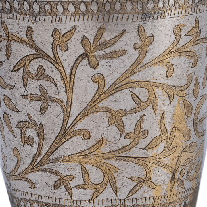 Etchng Detail From Option 1 Vintage North Indian Nickel Plated Brass Lassi Cup With Hand Etched Floral Design