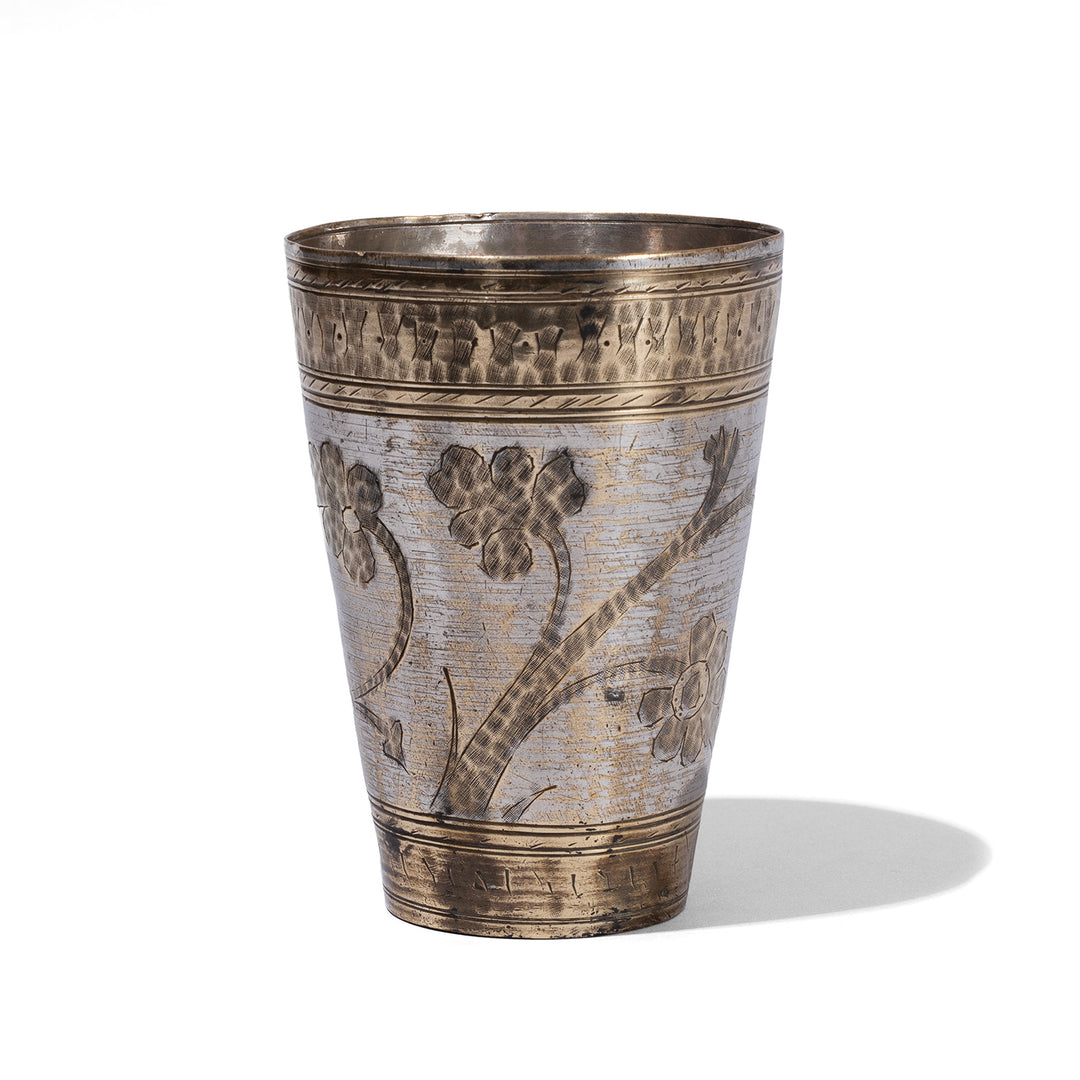 Option 2 Vintage North Indian Nickel Plated Brass Lassi Cup With Hand Etched Floral Design