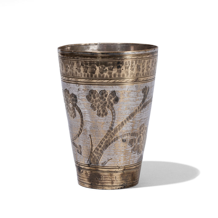 Option 2 Vintage North Indian Nickel Plated Brass Lassi Cup With Hand Etched Floral Design